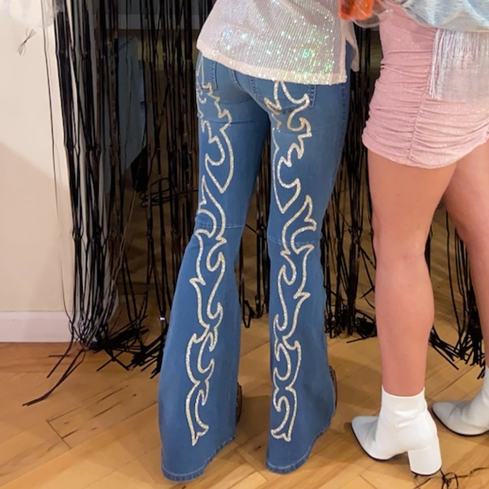 Free People Blue Denim Flare Jeans with Embroidered Trim